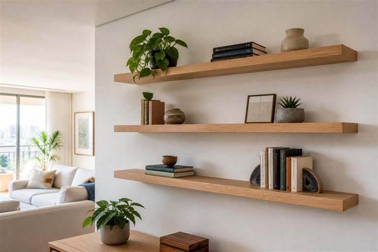 Prateleiras de madeira instaladas em uma sala